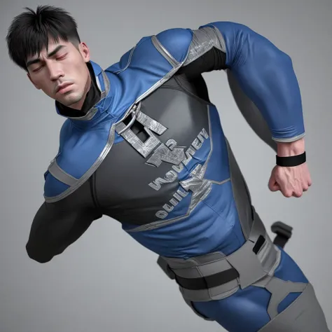 A realistic 3D male model in full body composition, wearing a full body hero suit and cape in the pattern of a professional baseball uniform, a very short haired, crew cut, cool, dandy-like, veteran-aged man with a shiny, sparkling blue cape that is longer...