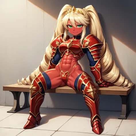 Lancer Artoria, elegant adult female, blonde, green eyes (yellow eyelashes) crown, turtleneck, full body sitting on a bench, showing ass to me, RED breastplate, RED skin (1SologirlRED skin:1.2), looking at viewer, shiny, armor, thigh highs, high boots, pau...