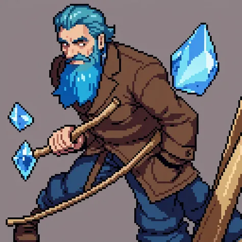 cartoon old uncle made of blue crystal with beard, wearing a brown wool shirt, thin legs and arms, leaning with crystal walking stick