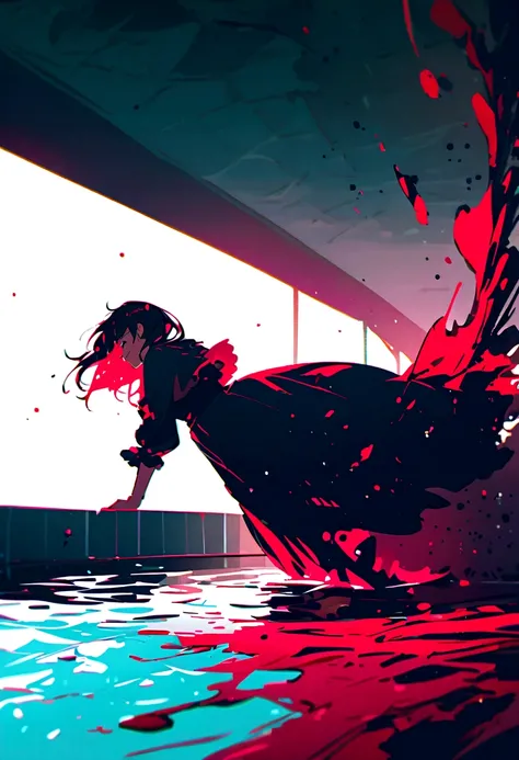 A beautiful girl falling, drowning under the sea (side  view),with a smile,a pool of blood 