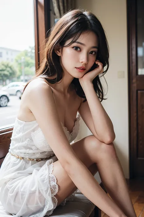 Photograph showing the whole body。She has her legs crossed。(RAW Photos, Highest quality), (Realistic, Photorealistic:1.3), Tabletop, Crying face, Very delicate and beautiful, Soft Light, (Brown Hair, Straight shoulder-length hair fluttering in the wind), B...