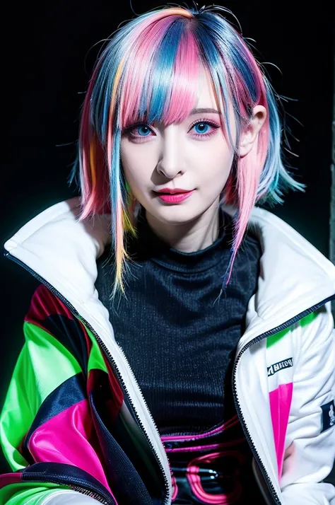 smile, cute, Pale skin, lipstick, Girl with neon hair, close, multicolor, Neon ring on neck, Neon jacket, Neon Background, Neon lighting