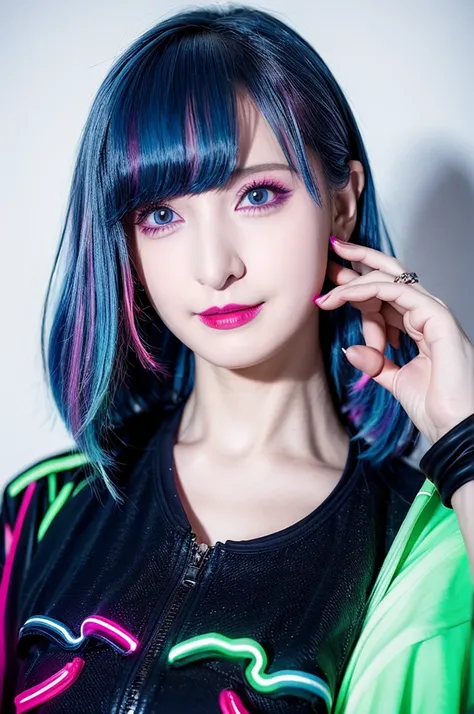 smile, cute, Pale skin, lipstick, Girl with neon hair, close, multicolor, Neon ring on neck, Neon jacket, Neon Background, Neon lighting