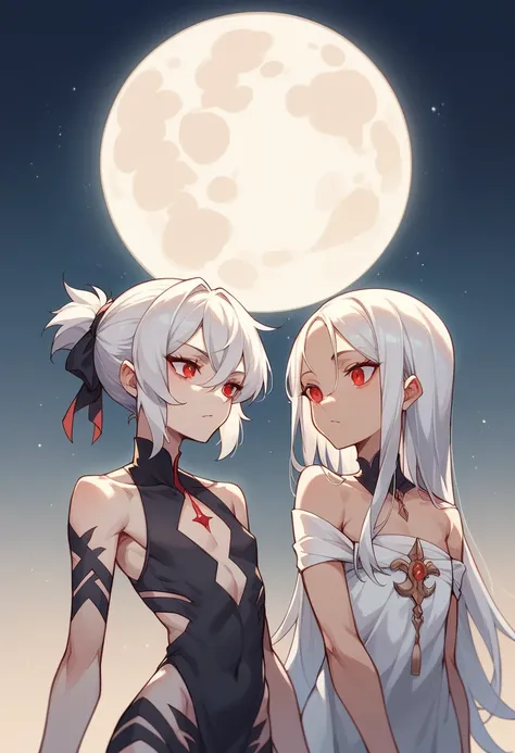 White Hair、Red eyes、Black dresany birdcages、night sky with moon、Flat Chest、Adult women