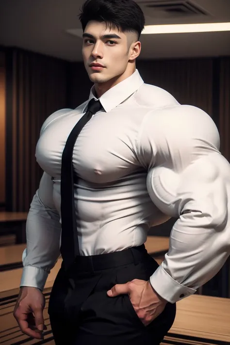 1 handsome young man, (brutalmass:1.55), (Asian: 1.7), smirk, model, detailed perfect face, (crew cut hair: 1.23), (extremely wide and broad shoulders, muscular, giant muscles: 1.331), (long sleeve white button-up shirt, black tie, black pants: 1.555), rea...