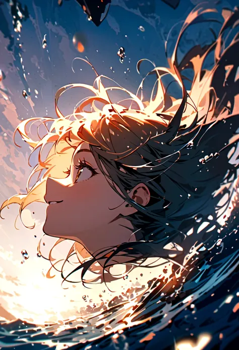 A beautiful girl falling, drowning under the sea (side  view),with a smile