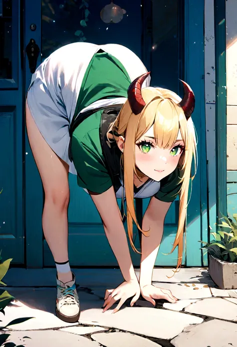 1 girl, horns, blond hair, green eyes,bent over all fours, magical realism