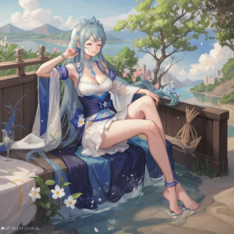 ((mejor calidad)), ((Obra maestra)), (detallado), Pixel art portrait of Feazura: a serene Azura sitting on sandy shores near a majestic lake. Her porcelain skin glows beneath white attire adorned with a blue pearl necklace and delicate flowers woven into h...