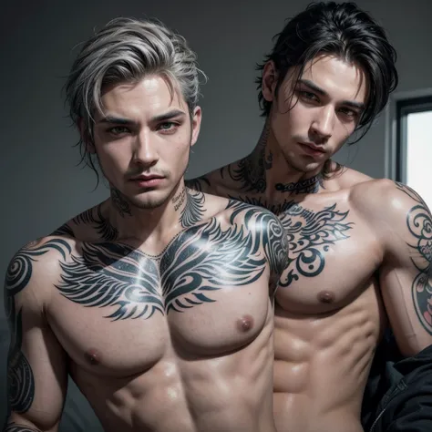 Make a man with gray coloring,full of tattoos, one of which is Anunis&#39;s face on his chest,he is shirtless,has long black hair and wears a black eye patch