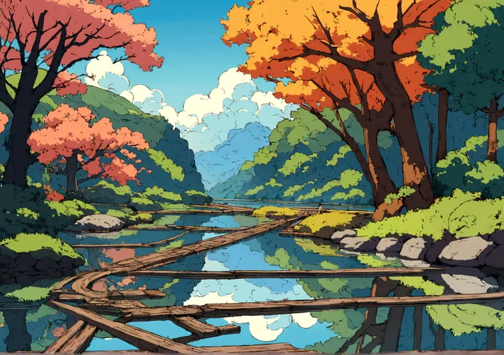 Cartoon train on tracks passing through body of water, 图像由Shinkai Makoto提供, Pixif, Concept Art, lofi style style, reflection. Enhance Details, Perfect picture quality. author：Shinkai Makoto, lofi style, Beautiful anime scene, Anime Landscape, Detailed Land...