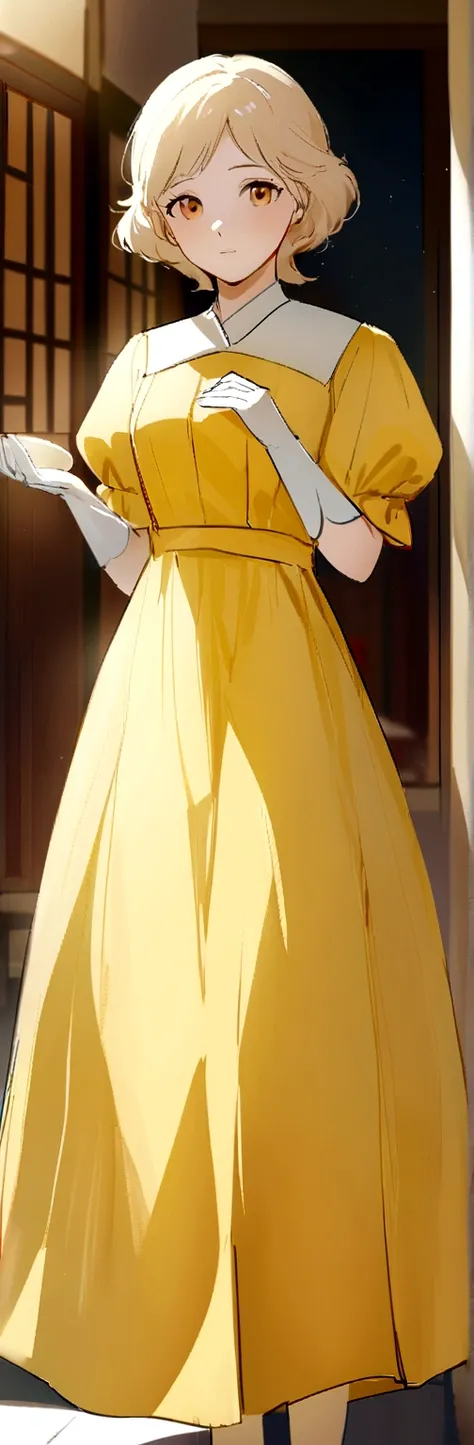 work of art, best qualityer, open air, Lens flare, Depth of field, 1 girl, standing alone, gazing at viewer, older, Jane Porter, shorth hair, good, yellow dress, long robe, puff sleeves, Colcha, whitegloves, cowboy shot