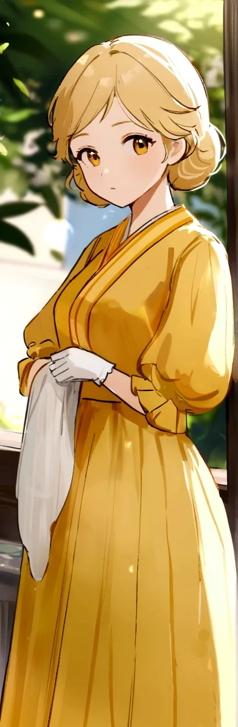 work of art, best qualityer, open air, Lens flare, Depth of field, 1 girl, standing alone, gazing at viewer, older, Jane Porter, shorth hair, good, yellow dress, long robe, puff sleeves, Colcha, whitegloves, cowboy shot