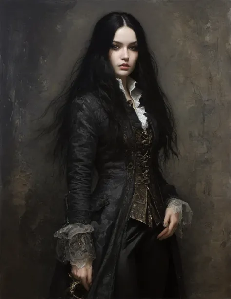 James Gurney, Surrealist art , dream-like, Mysterious, Provocative, symbolic, Complex, detailed,, (Gothic but very beautiful:1.4), (masterpiece, highest quality:1.4) , Nicola Samori Style, young girl with long black hair, gray eyes, pirate coat