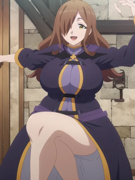 1girl, solo, Super huge breasts,plump,Whipped thighs,upper body, portrait, smile, ahoge, sidelocks, wide sleeves, hair over one eye, robe, long sleeves, looking at viewer,perfect quality, perfect,high quality,good quality, masterpiece, faultless,HDR, UHD