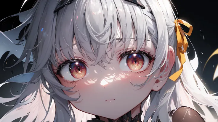 ((((Obra maestra, La mejor calidad, ultrahigh resolution)))), 1girl, standing, (cute maid costume), ((long pure silver hair and grey mesh hair, hair over eye)), long hair cut, pale skin, ((red eyes)), glowing_eyes, neon eyes, (ultra detailed eyes:0.7, beau...