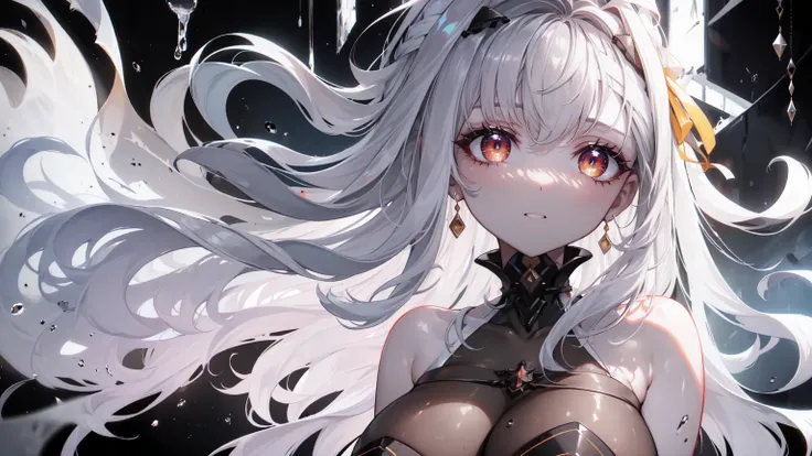 ((((Obra maestra, La mejor calidad, ultrahigh resolution)))), 1girl, standing, (cute maid costume), ((long pure silver hair and grey mesh hair, hair over eye)), long hair cut, pale skin, ((red eyes)), glowing_eyes, neon eyes, (ultra detailed eyes:0.7, beau...