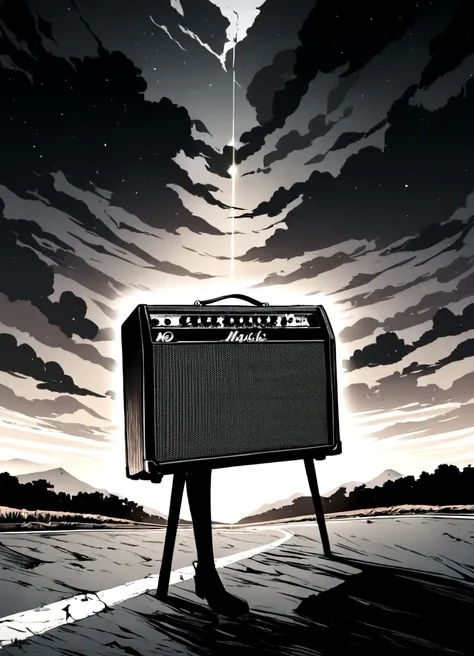 Create an image that represents the music "hypocrite" A black and white photo of the Foo Fighters is projected onto an empty road, Spreading to the horizon. In the middle of the road, Place an abandoned guitar amp, As an expression of the inner conflict an...