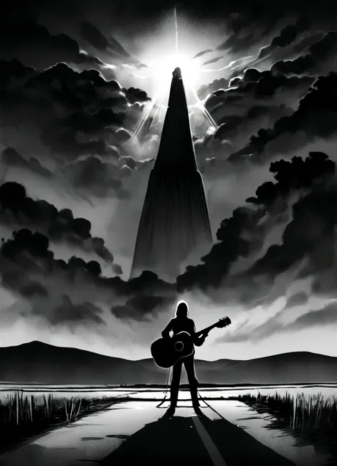 Create an image that represents the music "hypocrite" A black and white photo of the Foo Fighters is projected onto an empty road, Spreading to the horizon. In the middle of the road, Place an abandoned guitar amp, As an expression of the inner conflict an...