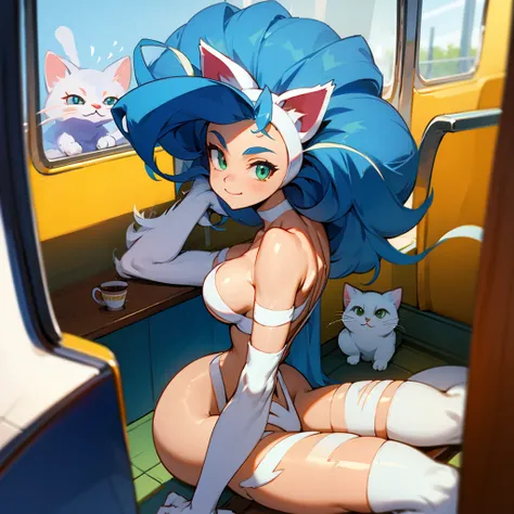 Felicia, blue hair, green eyes, cute smile, happy, big breats, big ass, in a train with a cat theme, sitting in a table drinking coffe.