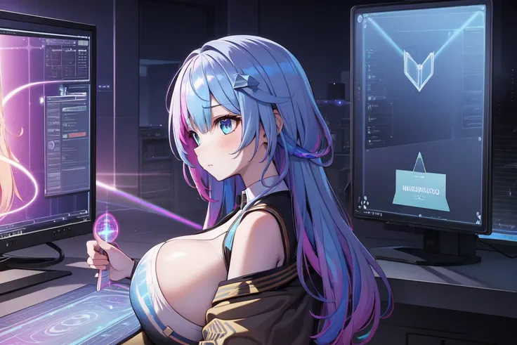 masterpiece, best quality, TopazV4, 1girl, looking at pc screen, solo, hair ornament, ((holographic interface:1.3)), indoors, spaceship, night, professional light, from side, gigantic breasts