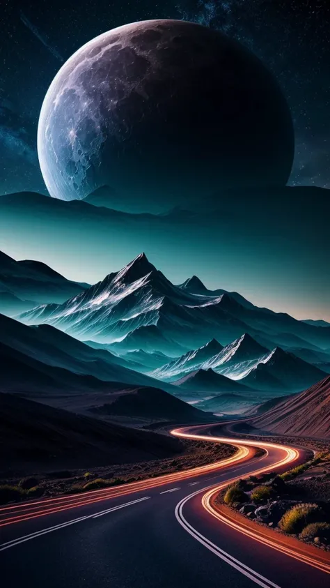 surreal mountains, futuristic ship, full moon, planets, winding road, night sky, atmospheric lighting, dramatic scenery, cinematic composition, hyper detailed, vibrant colors, photorealistic, award winning digital art