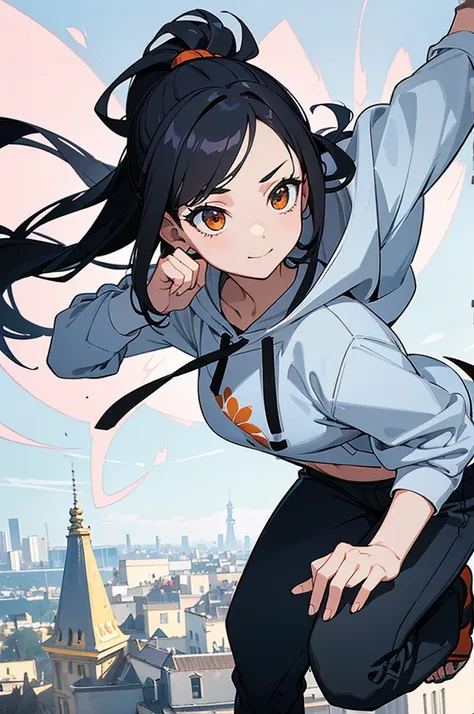 A captivating scene featuring a beautiful anime-style girl with distinctive facial features, Winter wonderland background. The girl has her black hair in a ponytail, single eyelid, Hooded, humid, Deep Set, Striking, deep orange, captivating eyes. Her face ...