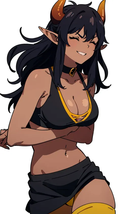 ((1girl,solo,mature female,adult)),big breasts,long hair, black hair,horns,elf ears,yellow scarf,cleavage,((dark skin)),((black sports bra, midriff)),(((pantyhoses))),((white background)),closed eyes,crossed arms,from side,serious,smile