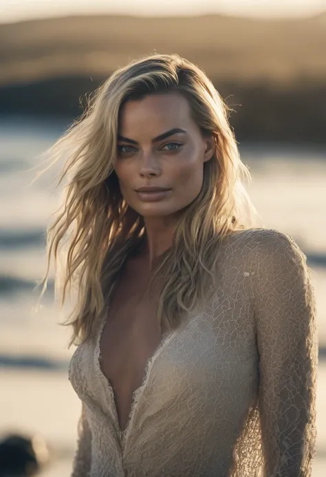  high quality  Erotic shot , ( Margot Robbie , photorealistic   )  , nude,  extremely long  hair ,tall figure , fit muscular figure , exhausted look, warm, sunny, shiny sweaty skin, on beach, celebrity, female,  woman, hollywood actress,  fleshy muscular w...