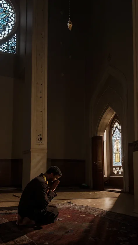 
"A Muslim man is praying at night in a quiet and peaceful mosque. The soft light from the chandelier replaces the light of the setting sun, creating a spiritual aura around him. In the background, the mosques windows display a view of the bright moon in t...