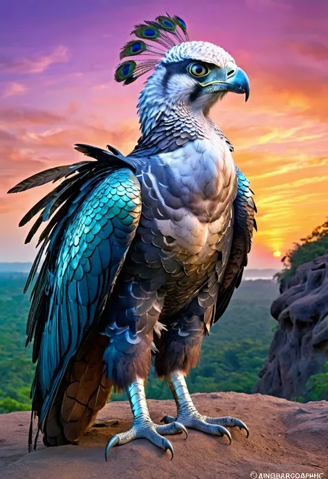 exotic and surrealistic prehistoric zoology photography magazine cover::1 full-body shot of imaginary organic cyborg harpy-eagle-peacock design in pastel colours, light painting::1 alien biome background with sunset :: 1 --no black-chaos 30.0 --stylize 651...