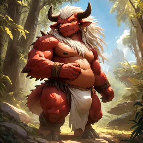 ultra-detailed, masterpiece, masterwork, high quality, best quality, hdr, (nature), nsfw, male, solo, chibi, dragon, ((nude, bulge loincloth, white loincloth)), (little red body minotaur), (white chubby body), (long golden hair, yellow eyes, cool eyes), st...