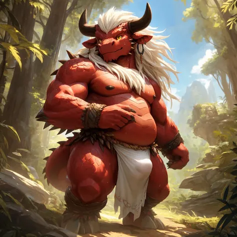 ultra-detailed, masterpiece, masterwork, high quality, best quality, hdr, (nature), nsfw, male, solo, chibi, dragon, ((nude, bulge loincloth, white loincloth)), (little red body minotaur), (white chubby body), (long golden hair, yellow eyes, cool eyes), st...