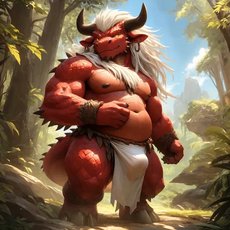 ultra-detailed, masterpiece, masterwork, high quality, best quality, hdr, (nature), nsfw, male, solo, chibi, dragon, ((nude, bulge loincloth, white loincloth)), (little red body minotaur), (white chubby body), (long golden hair, yellow eyes, cool eyes), st...