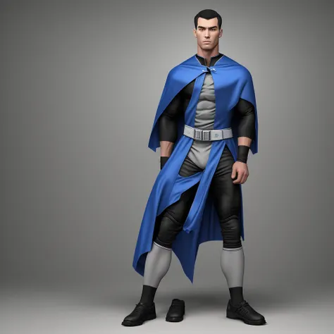 A realistic 3D male model in full body composition, wearing a full body hero suit and cape in the pattern of a professional baseball uniform, a very short haired, crew cut, cool, dandy-like, veteran-aged man with a shiny, sparkling blue cape that is longer...