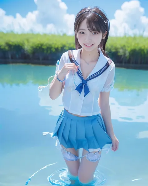 (NFSW)、(High resolution:1.5)、Highest quality,Very detailed,masterpiece,Super detailed,alone,(One 12 year old girl),((Summer School Uniforms:1.5)), Seraphim, ((skirt:1.5)),  smile, Thigh fetish images: 1.5、(((barefoot)))、(Her thighs and white bikini reflect...