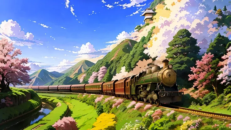 A train is running along the tracks in a field, Japanese cartoons countryside landscape, Composed of trees and fantasy valley, Landscape Art Detail, Beautiful floating clouds. Japanese cartoons, Detailed scenery —width 672, Japanese cartoons landscape wall...