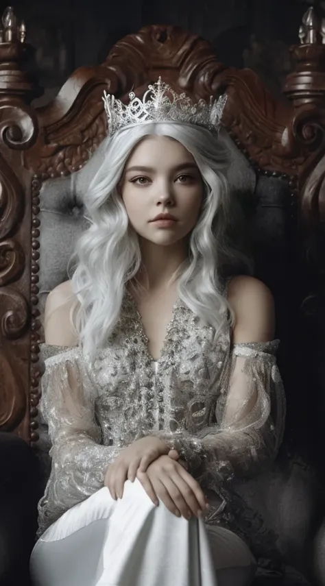 a woman with a tia sits in a chair wearing a white dress, anya taylor - joy vampire queen, gothic princess portrait, 4k hd. snow...