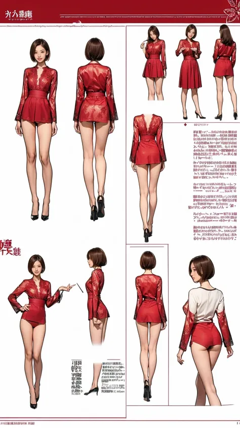 ((masterpiece)),(((Highest quality))),((Character design sheet)),Thin thighs,Long legs,20 year old Japanese woman，Brown thin hair, Sidewave shorthair,Medium bust size，A very kind smile, Red lace panties:1.5，Wearing a white shirt，I&#39;Iはスカートを履いていません:1.5，