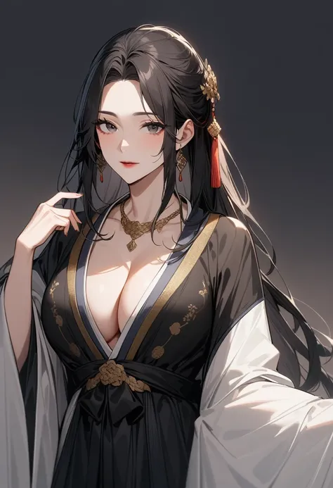 Mature women，Black long hair，Hanfu，Showing cleavage，Beautiful black eyes，Extremely detailed，high resolution，Simple background