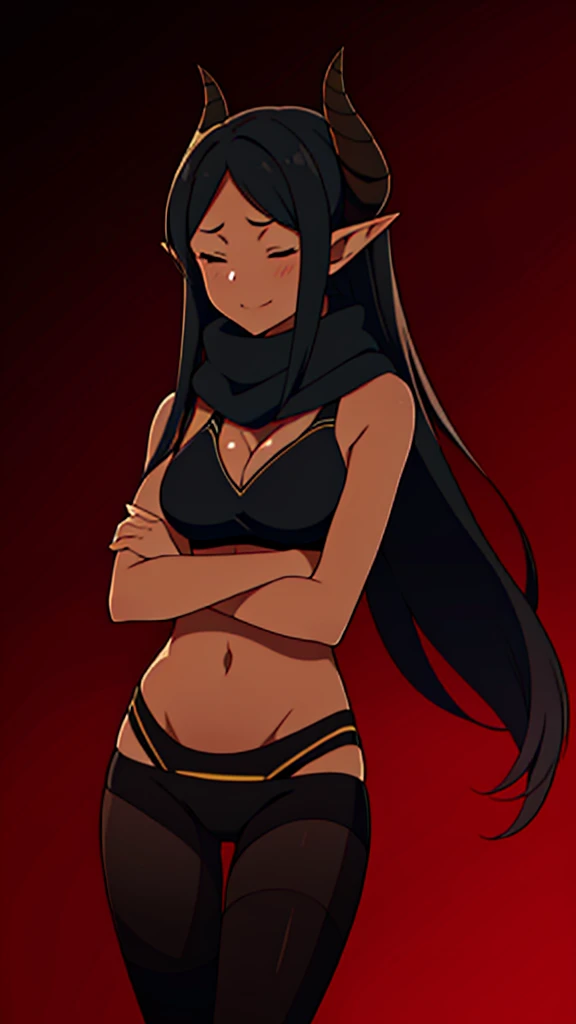 ((1girl,solo,25s,adult)),long hair, black hair,horns,elf ears,black scarf,cleavage,(((dark skin))),((black sports bra, midriff)),(((pantyhoses))),((no background)),closed eyes,crossed arms,from side,serious,smile