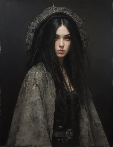 James Gurney, Surrealist art , dream-like, Mysterious, Provocative, symbolic, Complex, detailed,, (Gothic but very beautiful:1.4), (masterpiece, highest quality:1.4) , Nicola Samori Style, young girl with long black hair, gray eyes, pirate coat