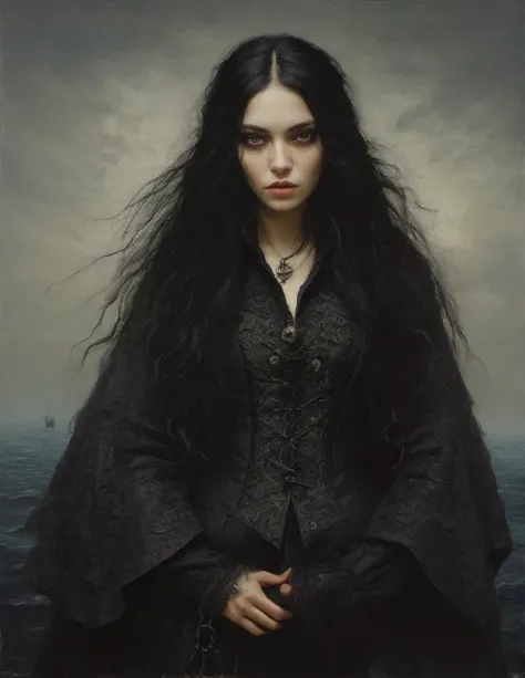 James Gurney, Surrealist art , dream-like, Mysterious, Provocative, symbolic, Complex, detailed,, (Gothic but very beautiful:1.4), (masterpiece, highest quality:1.4) , Nicola Samori Style, young girl with long black hair, gray eyes, pirate coat