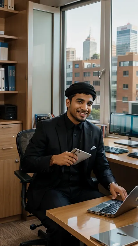 
A Muslim man in formal clothes is sitting at his spacious desk, smiling broadly while staring at the computer screen in his modern office. Around it there are books and several electronic devices neatly organized. In the background, a large window can be ...