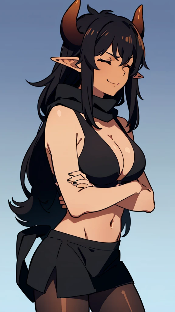 ((1girl,solo,mature female,adult)),big breasts,long hair, black hair,horns,elf ears,black scarf,cleavage,((dark skin)),((black sports bra, midriff)),(((pantyhoses))),((no background)),closed eyes,crossed arms,from side,serious,smile,upper body