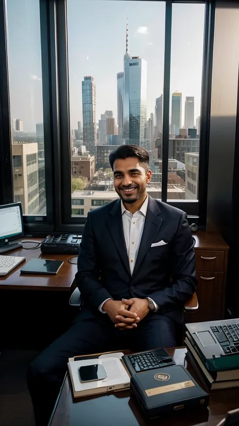 
A Muslim man in formal clothes is sitting at his spacious desk, smiling broadly while staring at the computer screen in his modern office. Around it there are books and several electronic devices neatly organized. In the background, a large window can be ...