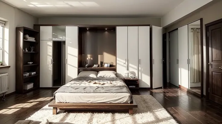 Could you make me an architectural sketch where you specify how to organize a rectangular bedroom measuring one meter by 2 m which has two large windows and a closet?.  The bedroom should have a television hanging on a large shelf, a desk, a large mirror, ...