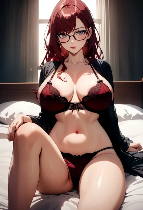 A sexy girl with a bra and big breasts, dark red hair and glasses, on a bed with legs open