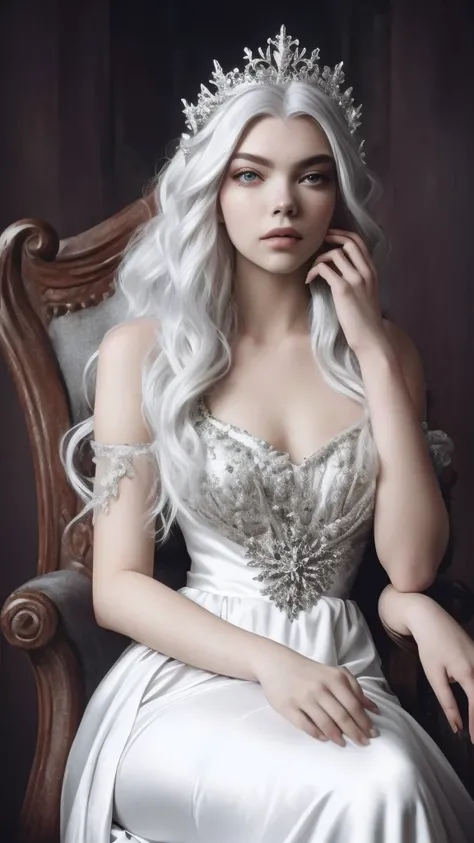 A silver-haired girl in a white dress sits on a chair, Anya Taylor - The Vampire Queen of Joy, gothic princess portrait, 4k HD. Snow-white hair, soft devil queen madison beer, Inspired by Elsa Bleda, Beautiful and elegant demon queen, Very beautiful top mo...