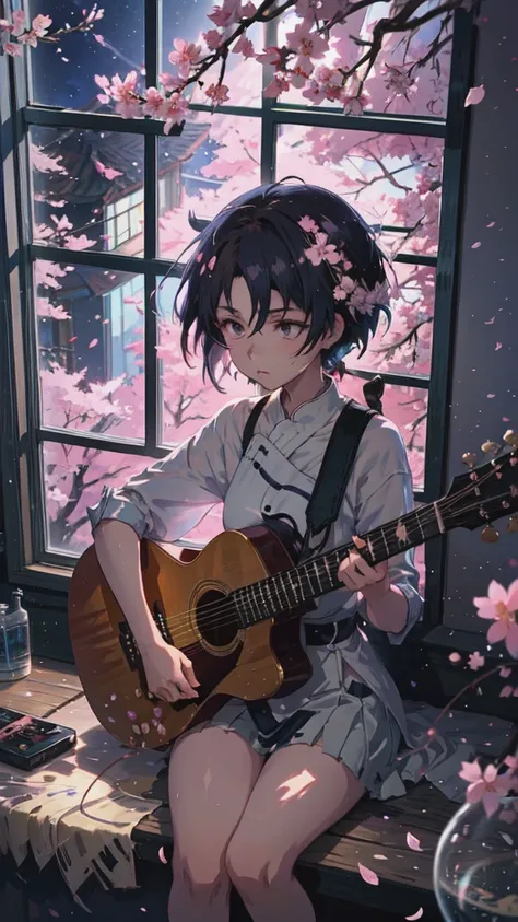 Anime girl sitting with a guitar on a window sill surrounded by cherry blossoms, sakura petals around her, sayori, Nightcore, play the guitar, Anime Cover, makoto shinkai. Digital Rendering, Lo-fi Girl, Makoto Shinkai&#39;s art style, Official artwork, Mak...