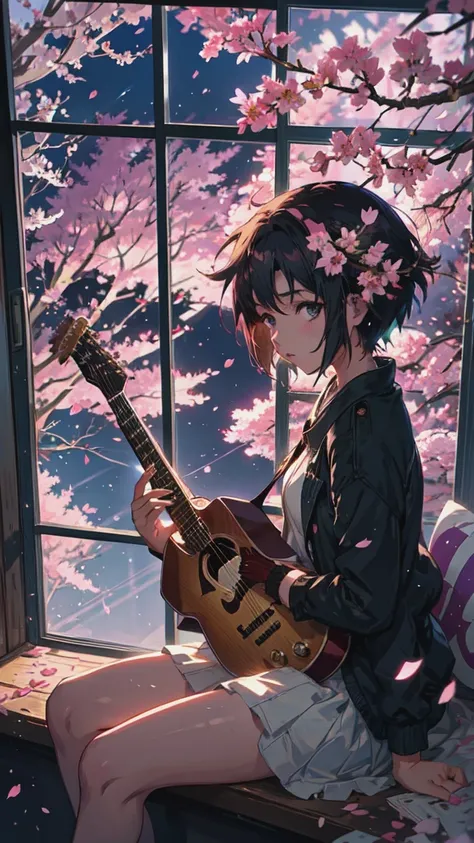 Anime girl sitting with a guitar on a window sill surrounded by cherry blossoms, sakura petals around her, sayori, Nightcore, play the guitar, Anime Cover, makoto shinkai. Digital Rendering, Lo-fi Girl, Makoto Shinkai&#39;s art style, Official artwork, Mak...